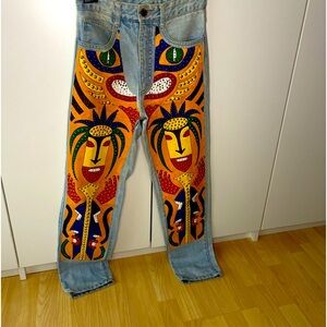 Montana Goldberg Vintage Hand Painted Jeans size 3 Totem pole very rare